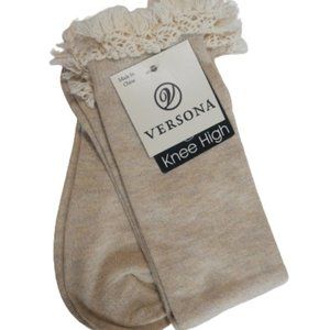 Knee-High Tan Socks With Lace-Tassel Detail